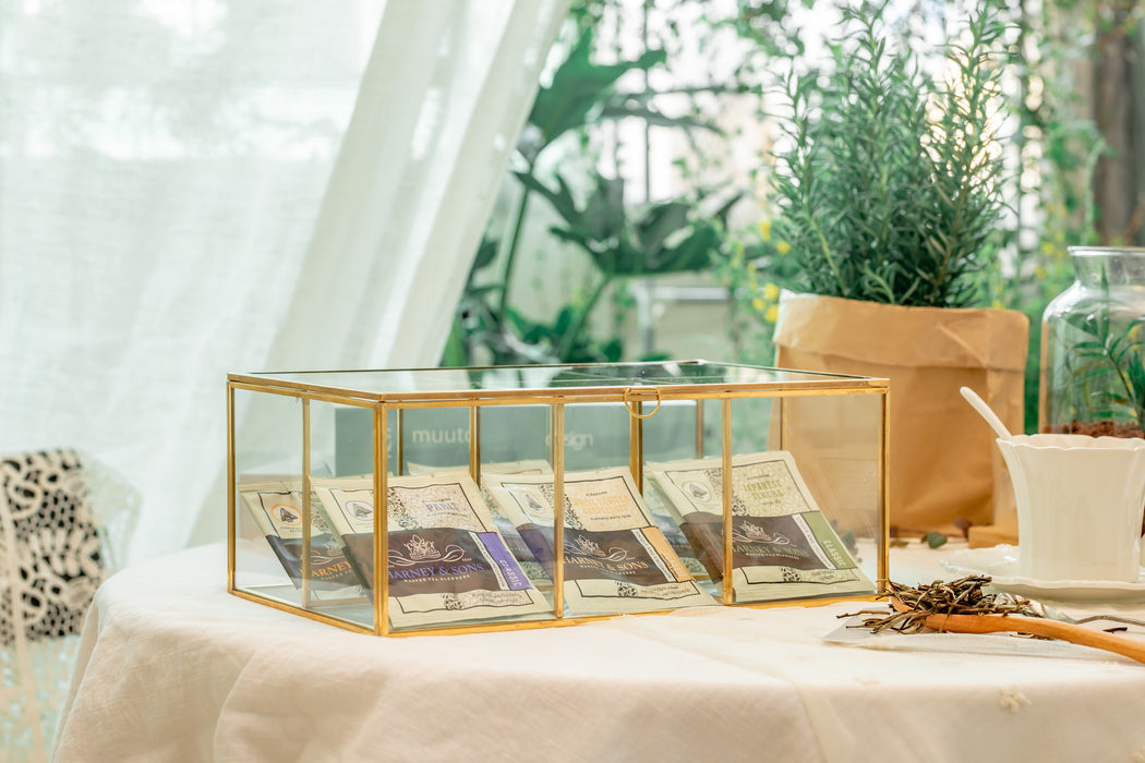 NCYP Glass Terrarium Box Tea Coffee Bag  Storage Organizer Jewelry Counter  6 Grids Compartments Handcrafted Brass for Harney & Sons Tea Bag - NCYPgarden