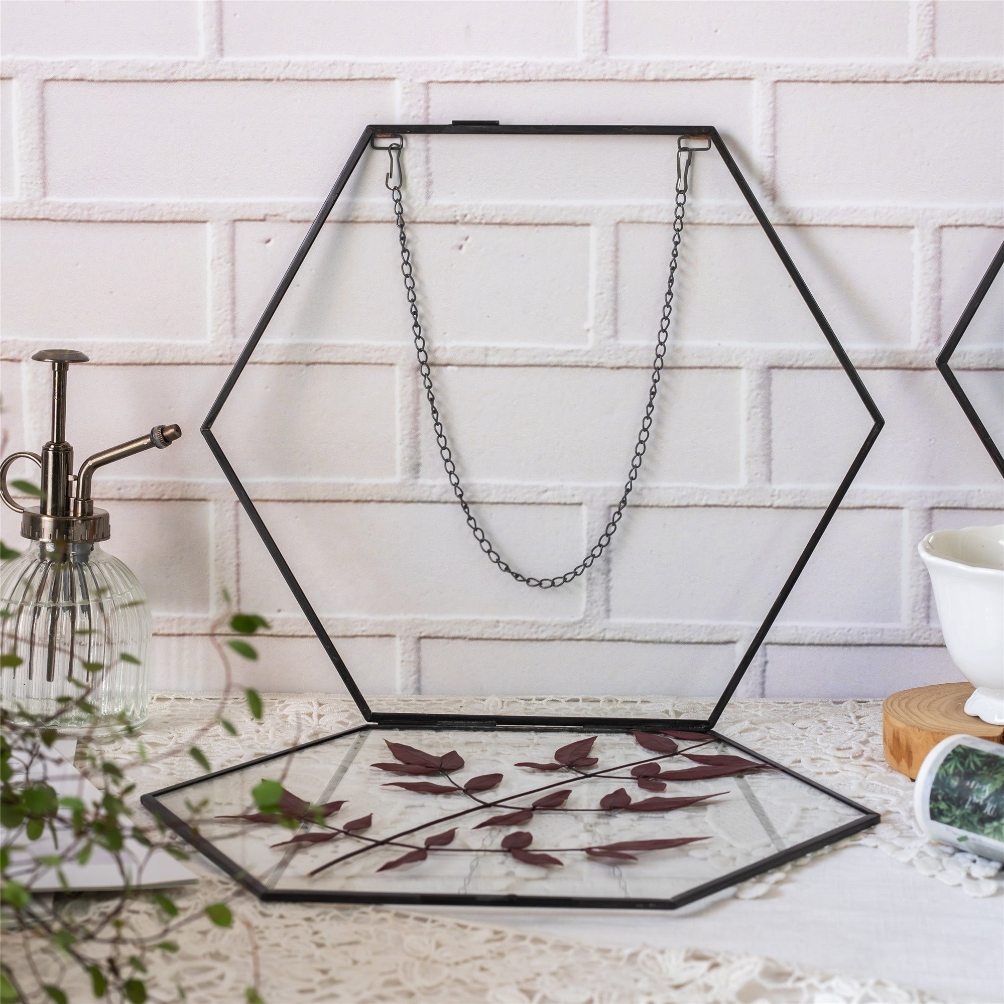Hanging Black Hexagon Herbarium Brass Glass Frame for Pressed Flowers Dried Flowers Floating Frame - NCYPgarden