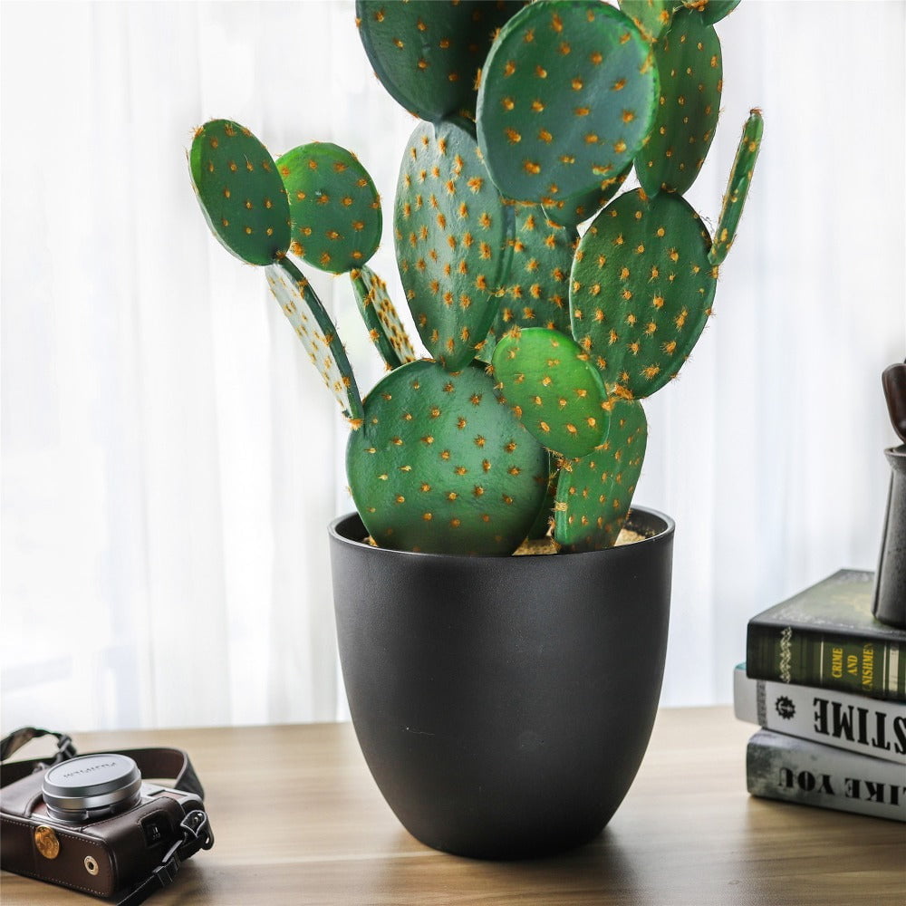 34.2" Large Natural Artificial Faux Fake Prickly Pear Cactus Desert Plant with Black Planter Pot - NCYPgarden