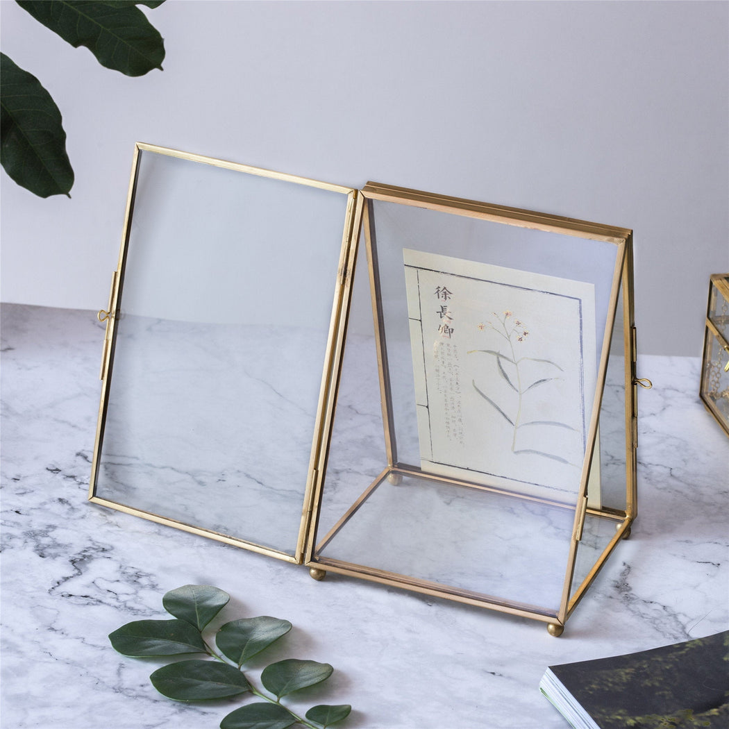 Plant Specimen Frame, Glass Frame for Pressed Flowers, Brass Photo Frame  for Holiday and Birthday Craft Gift, Gold
