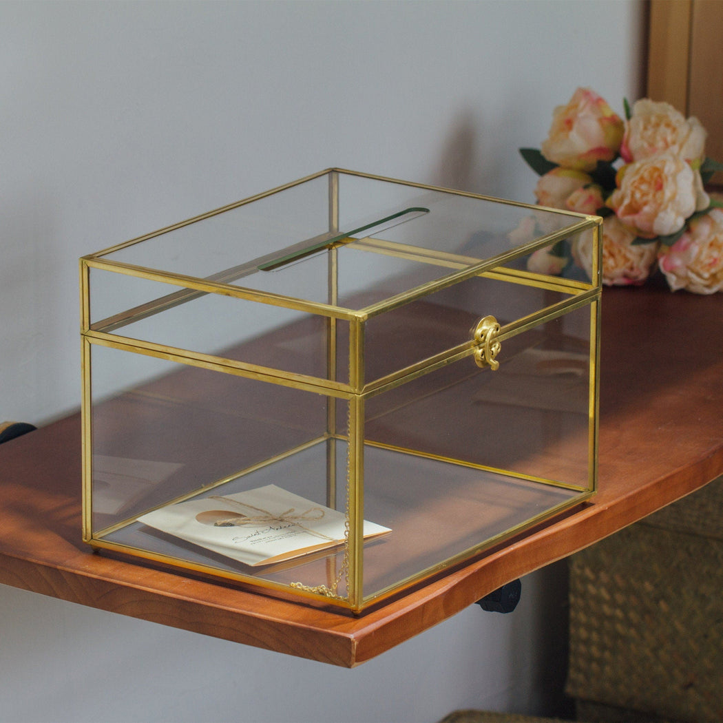 12"Large Gold Foot Rectangle with Slot  Geometric Glass Card Box Keepsake Recipe Reception Envelope Holder Display Gift with Swing Lid Latch - NCYPgarden
