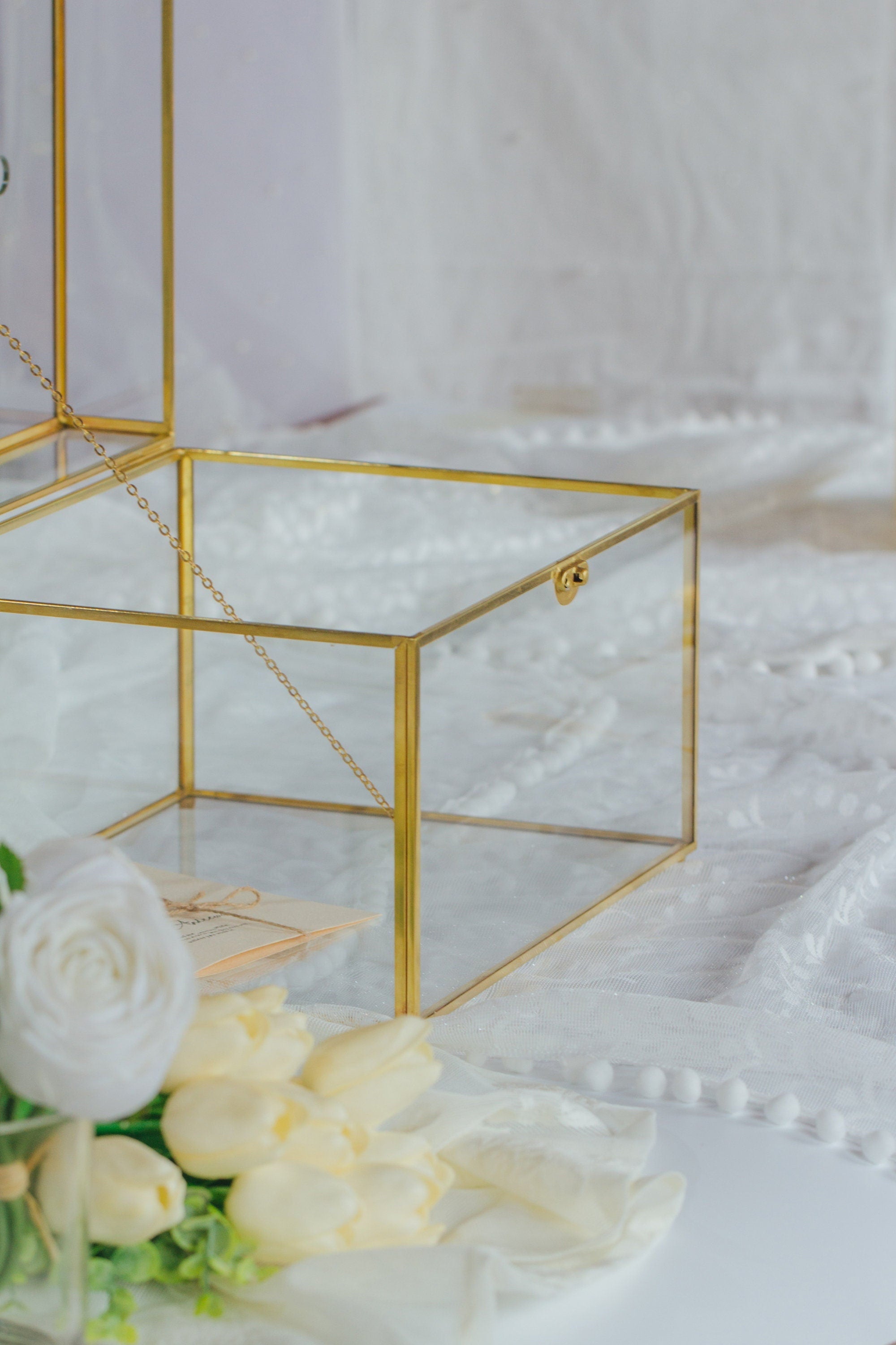 12"Large Gold Foot Rectangle with Slot  Geometric Glass Card Box Keepsake Recipe Reception Envelope Holder Display Gift with Swing Lid Latch - NCYPgarden