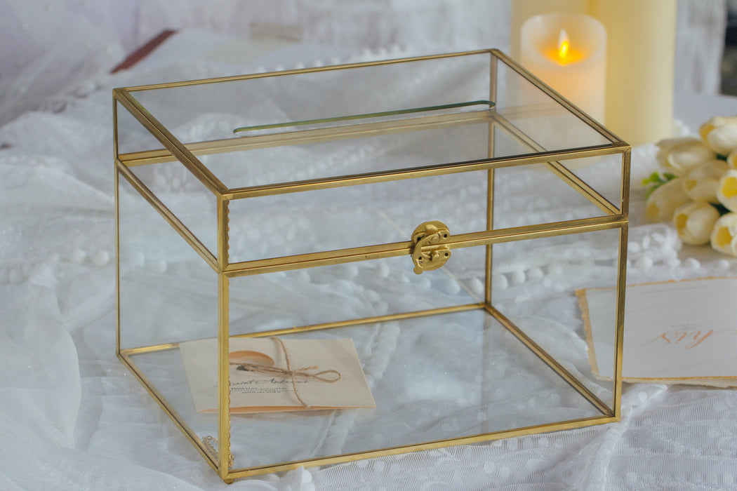 12"Large Gold Foot Rectangle with Slot  Geometric Glass Card Box Keepsake Recipe Reception Envelope Holder Display Gift with Swing Lid Latch - NCYPgarden