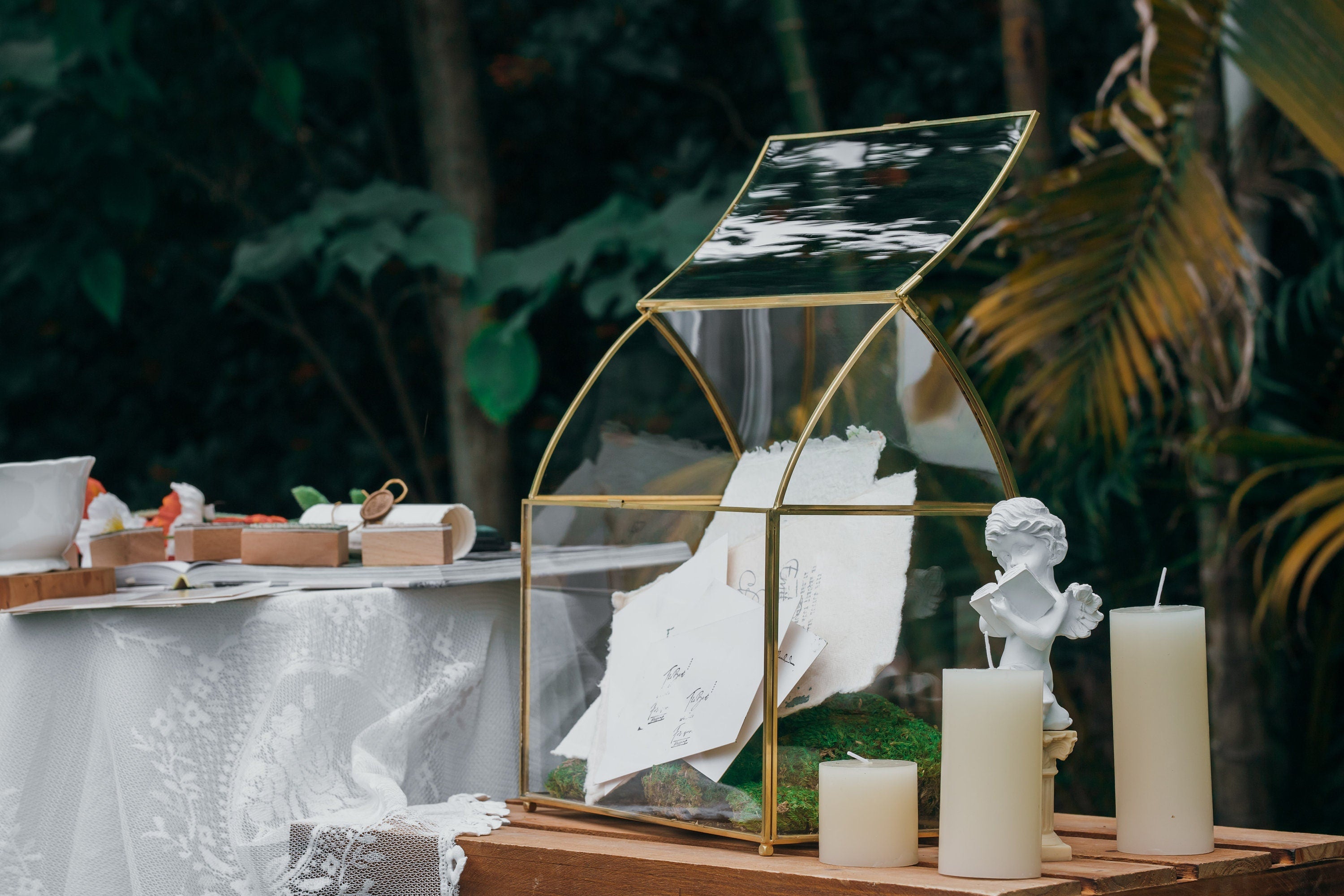 House Shape Arched Top Vintage Glass Card Box Terrarium, Handmade Brass for Wedding Receiption Wishwell Keepsake - NCYPgarden