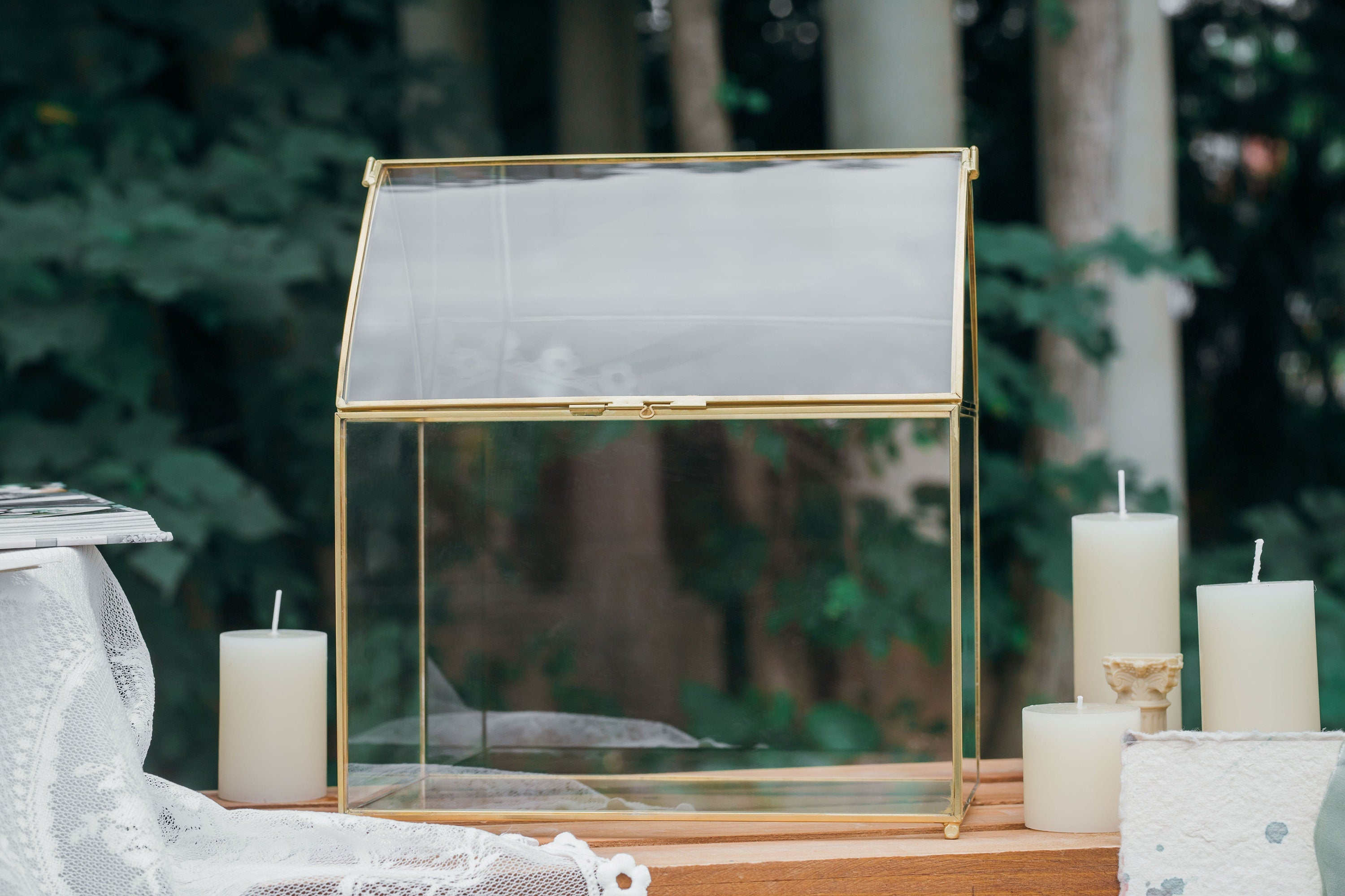 House Shape Arched Top Vintage Glass Card Box Terrarium, Handmade Brass for Wedding Receiption Wishwell Keepsake - NCYPgarden