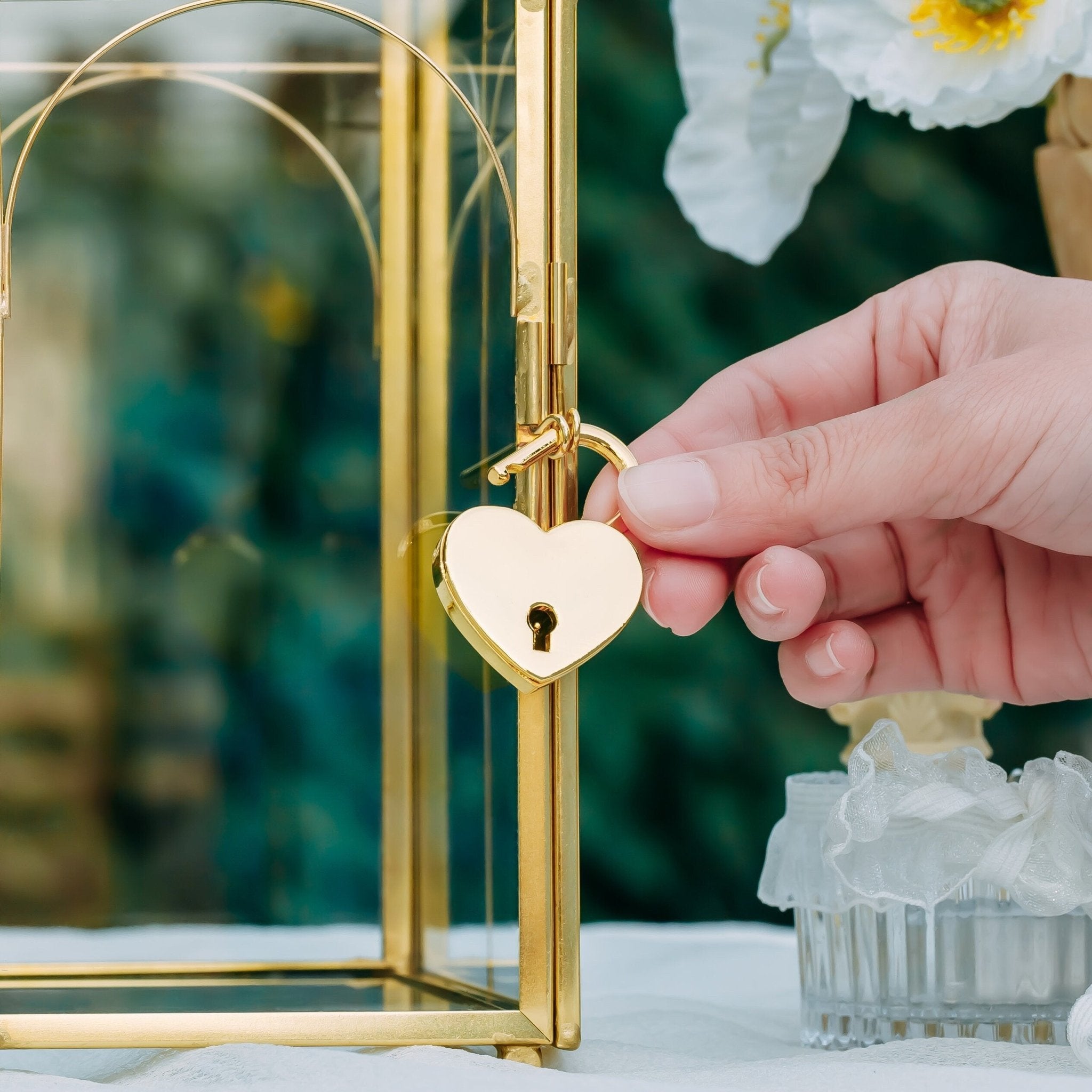 Vintage Gold Large Geometric Glass Card Box Terrarium with Slot, Heart Lock, Foot, Handmade Brass for Wedding Reception Wishwell Keepsake