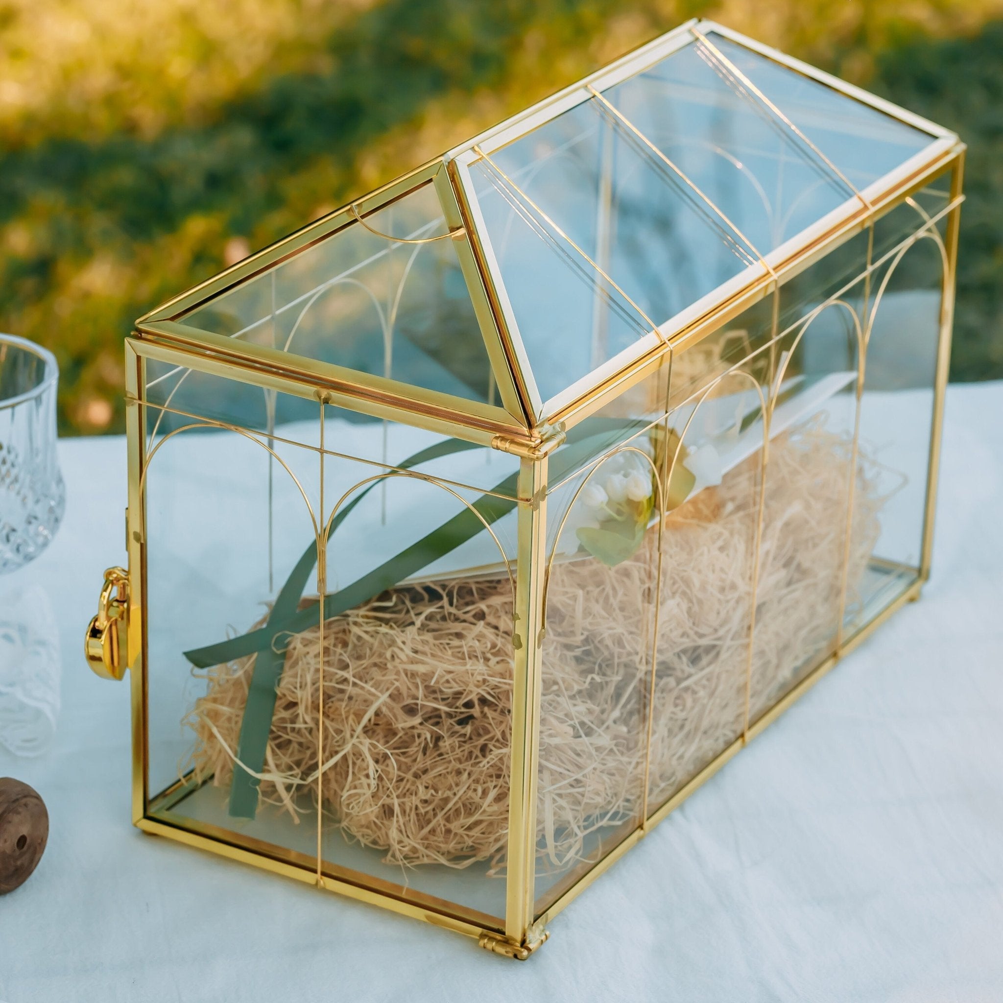 Vintage Gold Large Geometric Glass Card Box Terrarium with Slot, Heart Lock, Foot, Handmade Brass for Wedding Reception Wishwell Keepsake