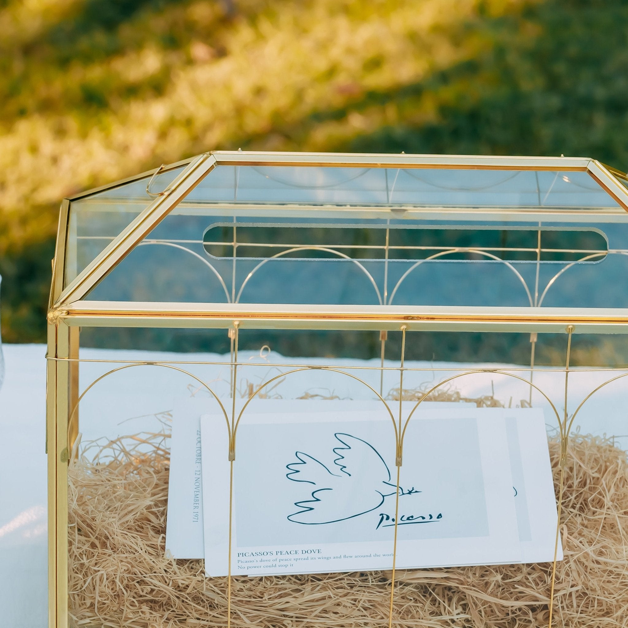 Vintage Gold Large Geometric Glass Card Box Terrarium with Slot, Heart Lock, Foot, Handmade Brass for Wedding Reception Wishwell Keepsake