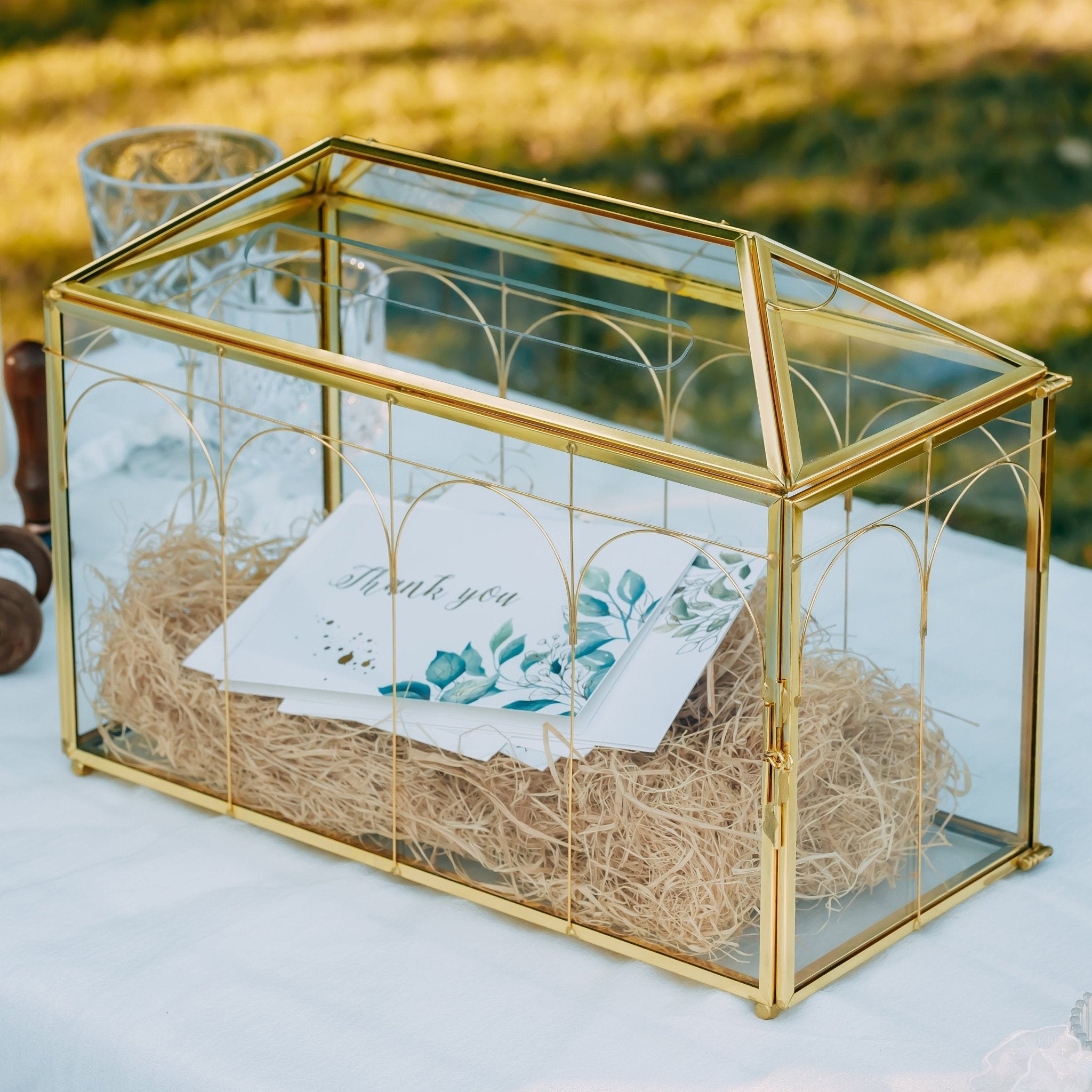Vintage Gold Large Geometric Glass Card Box Terrarium with Slot, Heart Lock, Foot, Handmade Brass for Wedding Reception Wishwell Keepsake