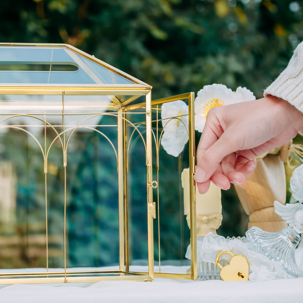 Vintage Gold Large Geometric Glass Card Box Terrarium with Slot, Heart  Lock, Foot, Handmade Brass for Wedding Reception Wishwell Keepsake