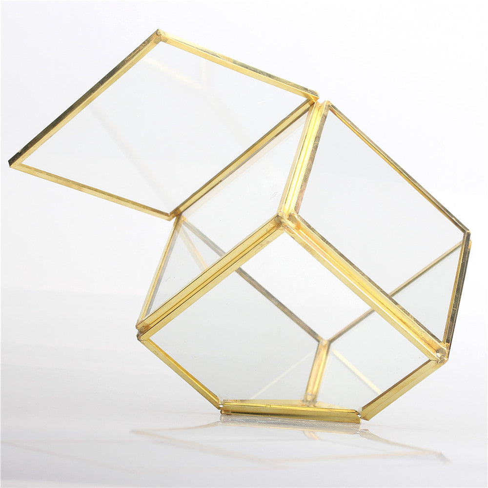 Handmade 3.9" Copper Square Inclined Cube Glass Geometric Terrarium Box with Door for Succulents - NCYPgarden