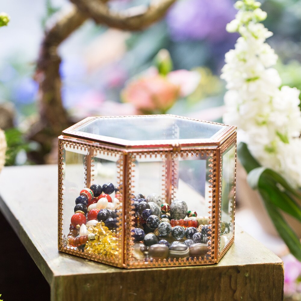 Handmade Rose Gold Vintage Glass Geometric Jewelry Box Hexagonal for Necklace Ring Jewelry - NCYPgarden