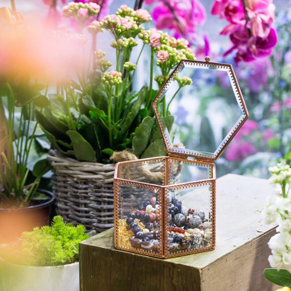 Handmade Rose Gold Vintage Glass Geometric Jewelry Box Hexagonal for Necklace Ring Jewelry - NCYPgarden
