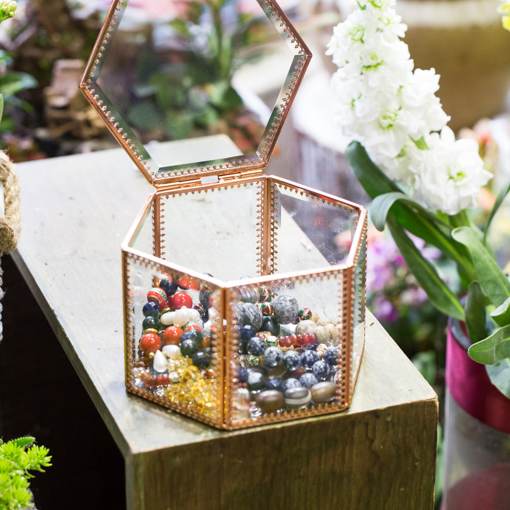 Handmade Rose Gold Vintage Glass Geometric Jewelry Box Hexagonal for Necklace Ring Jewelry - NCYPgarden