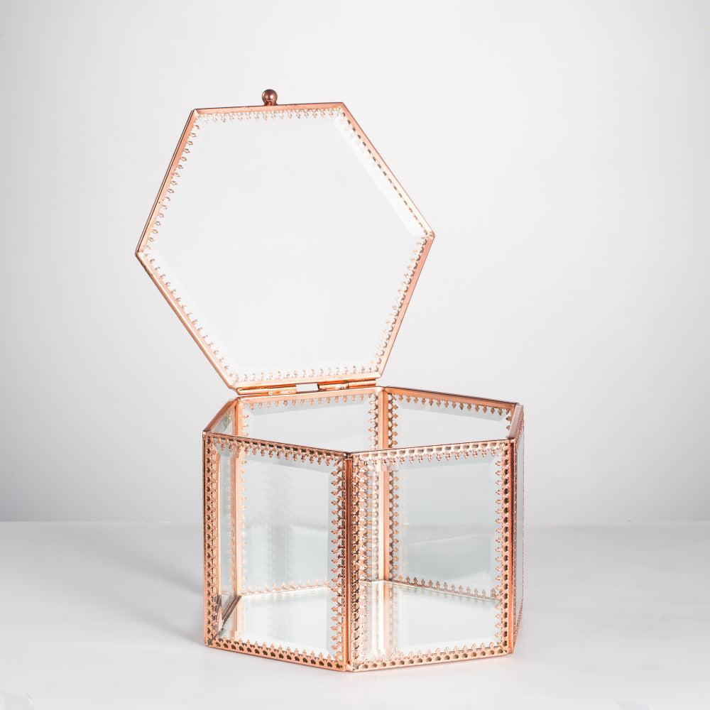 Handmade Rose Gold Vintage Glass Geometric Jewelry Box Hexagonal for Necklace Ring Jewelry - NCYPgarden