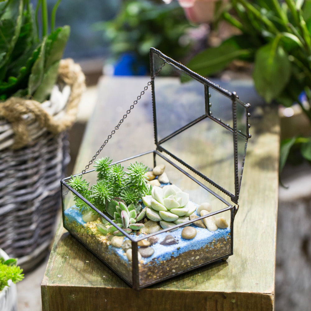Handmade Small Jewelry Box Geometric Glass Terrarium with Cover for Airplants Succulents Moss Ring - NCYPgarden