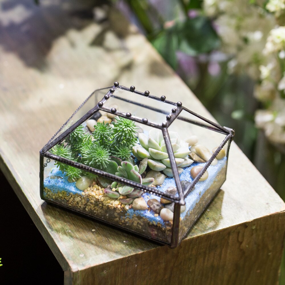 Handmade Small Jewelry Box Geometric Glass Terrarium with Cover for Airplants Succulents Moss Ring - NCYPgarden