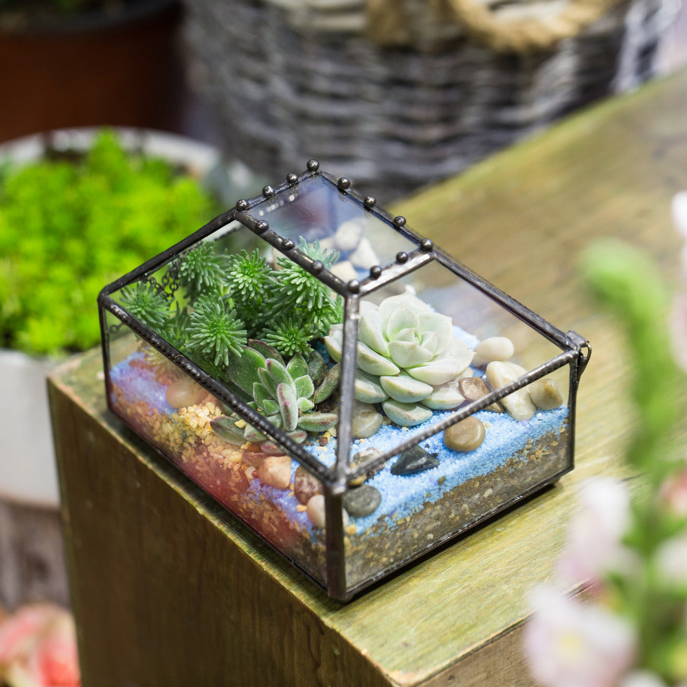 Handmade Small Jewelry Box Geometric Glass Terrarium with Cover for Airplants Succulents Moss Ring - NCYPgarden