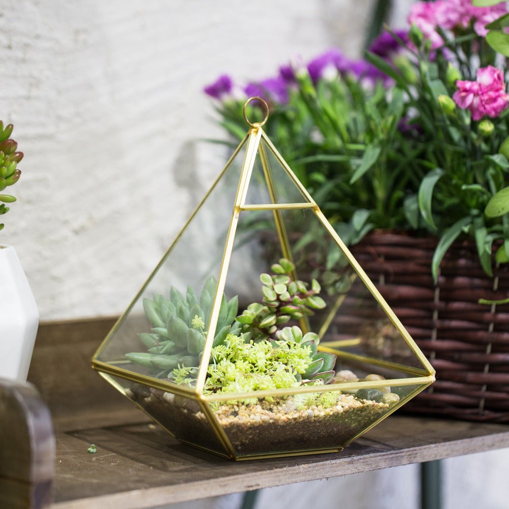 hanging geometric planter Handmade Gold Hanging Glass Geometric Terrarium Planter for Succulent Wedding Decoration