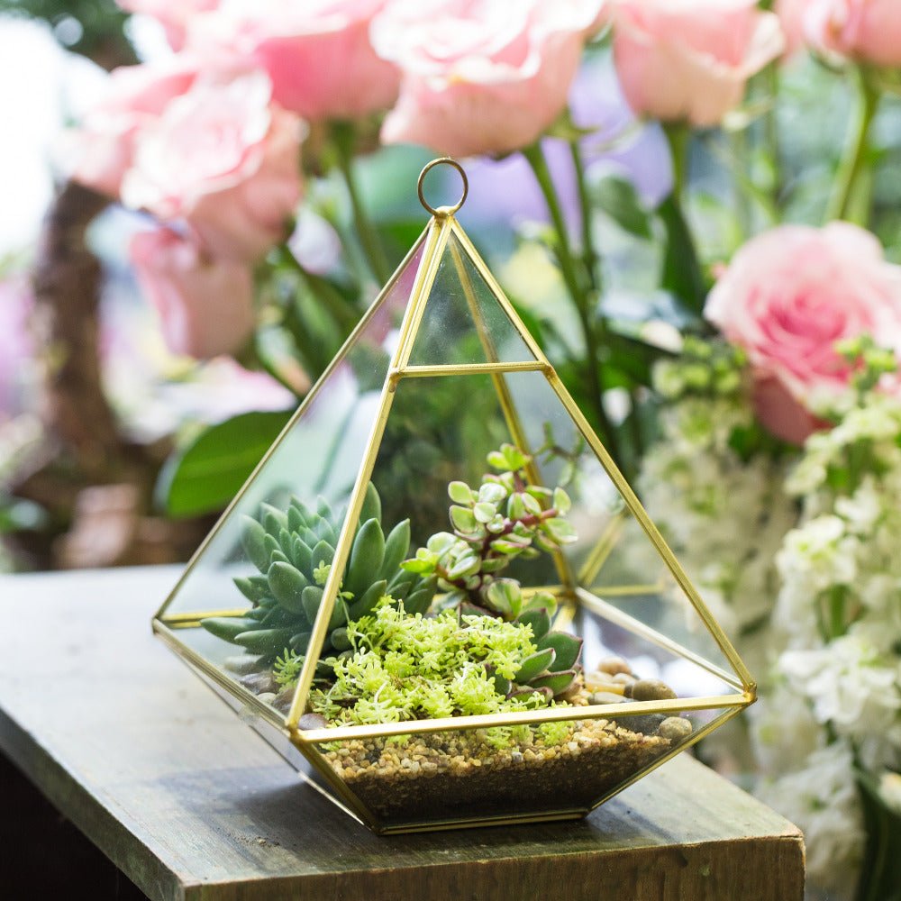 glass succulent hanging planter Handmade Gold Hanging Glass Geometric Terrarium Planter for Succulent Wedding Decoration