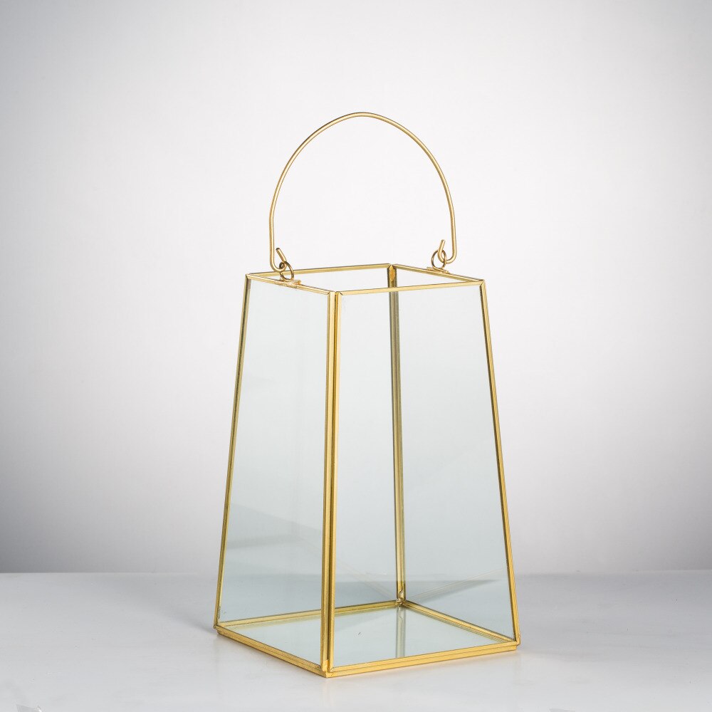 Handmade Copper Gold Echelon Geometric Glass Terrarium Hanging Wall Holder Lantern with Handle - NCYPgarden