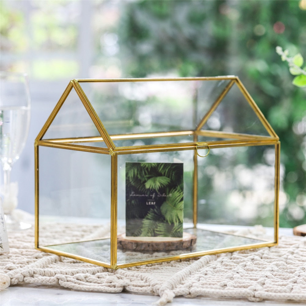 Handmade Gold House Shape Glass Geometric Terrarium  Card Wishwell Reception Box for Wedding Ceromony - NCYPgarden