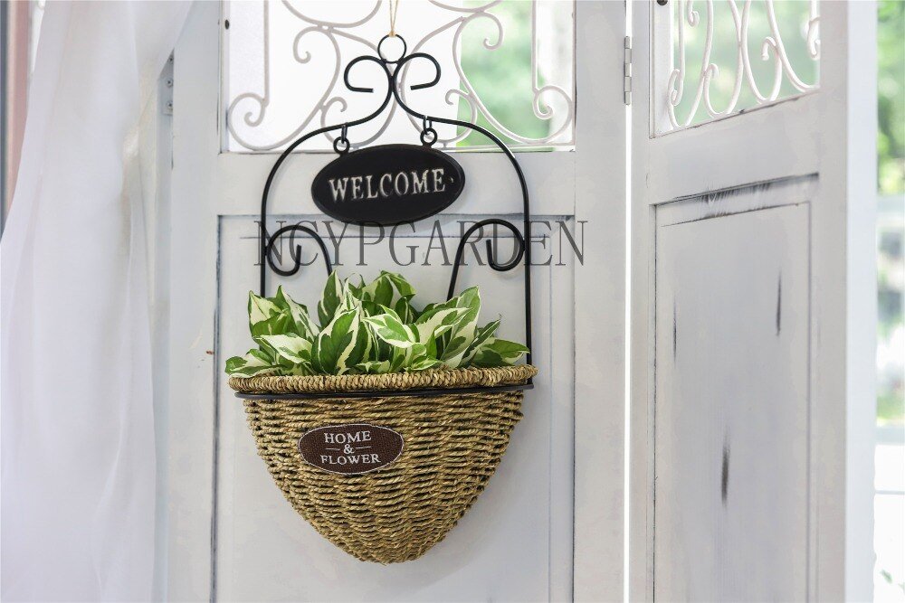 Pastoral Style Handmade Metalwork Wickerwork Basket Wall Hanging Planter for Home Garden Flower Pot - NCYPgarden
