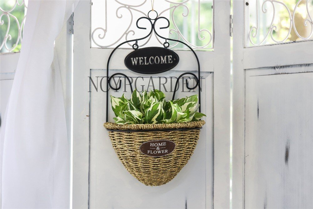 Pastoral Style Handmade Metalwork Wickerwork Basket Wall Hanging Planter for Home Garden Flower Pot - NCYPgarden