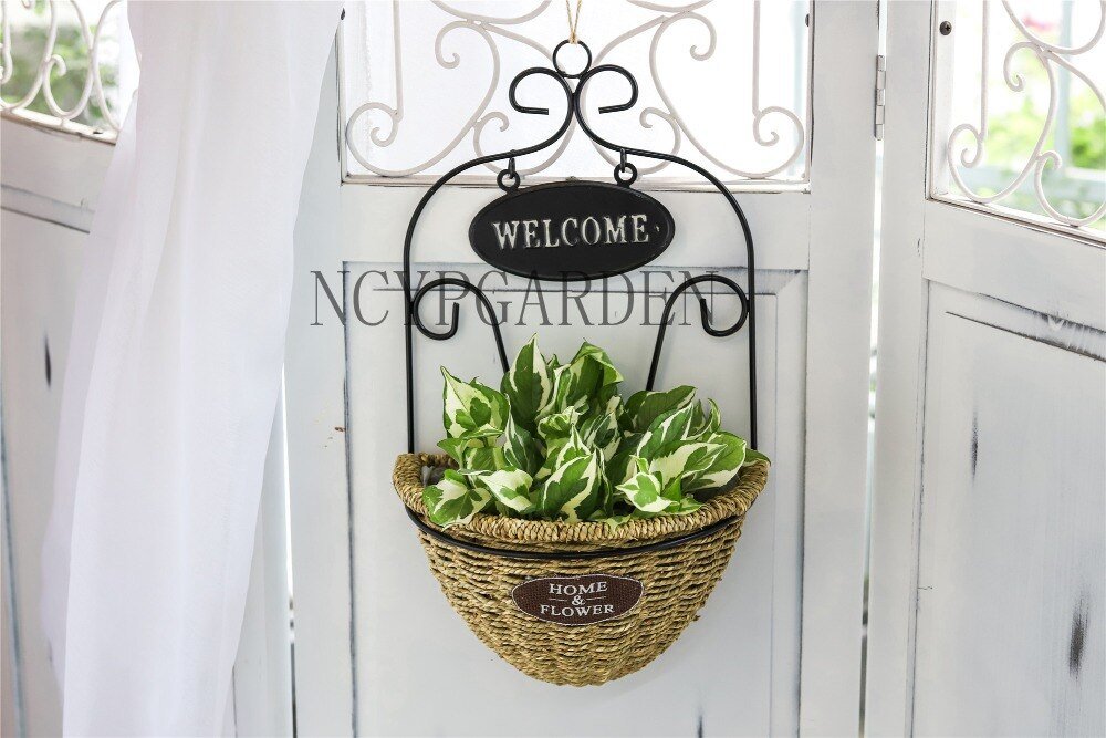 Pastoral Style Handmade Metalwork Wickerwork Basket Wall Hanging Planter for Home Garden Flower Pot - NCYPgarden